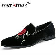 Merkmak Handmade Fashion Leather Loafers 3D Rose Flower Embroidery Gentleman Luxury Shoes for Men Brand Slip On Flat Shoes