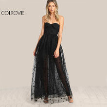 COLROVIE Black Sexy Bustier Party Dress 2017 Star Flock Cute Women Mesh Overlay Maxi Summer Dress Strapless Sheer Cut Out Dress